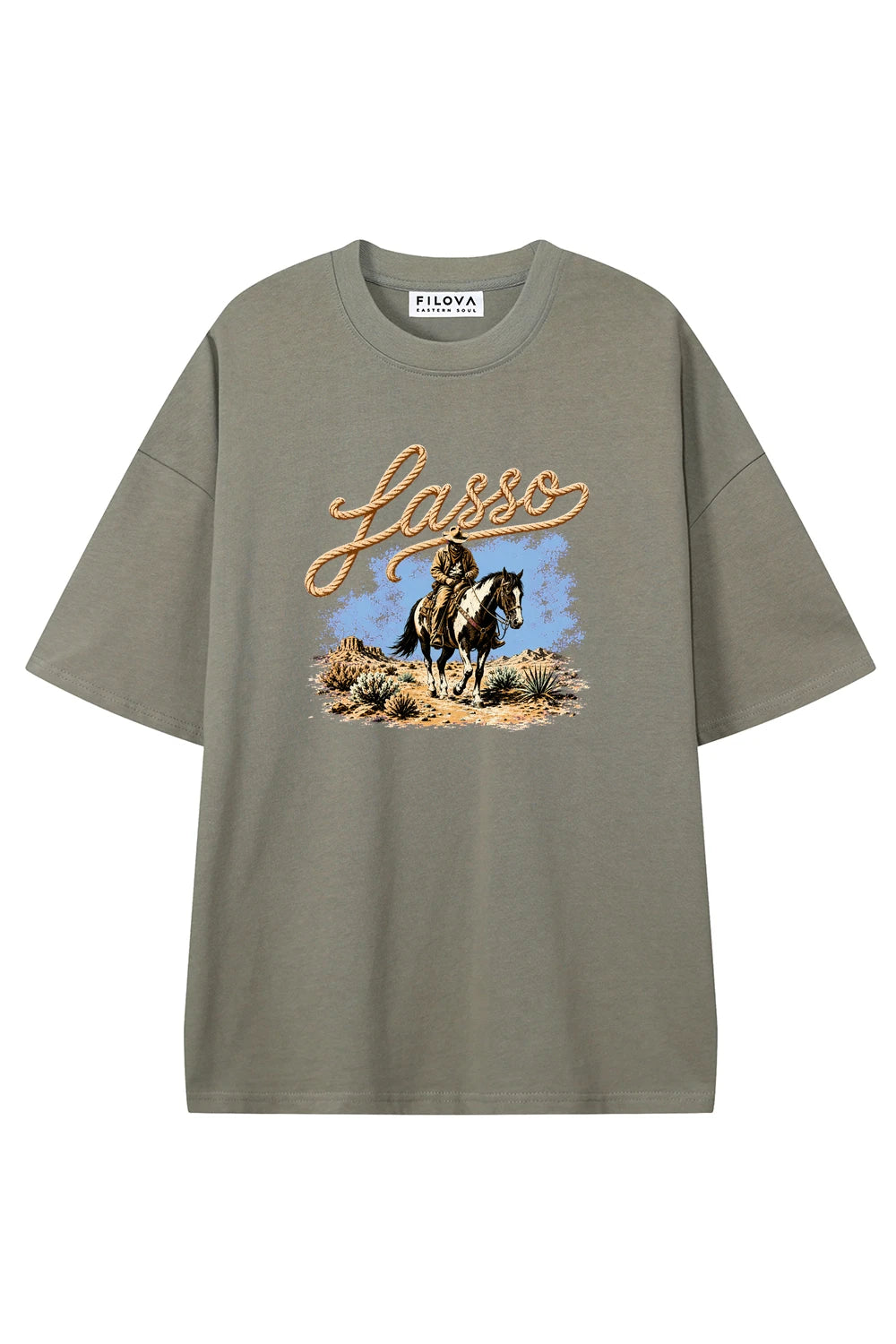 Lasso Run Rider Dark Gray graphic T-shirt, front view