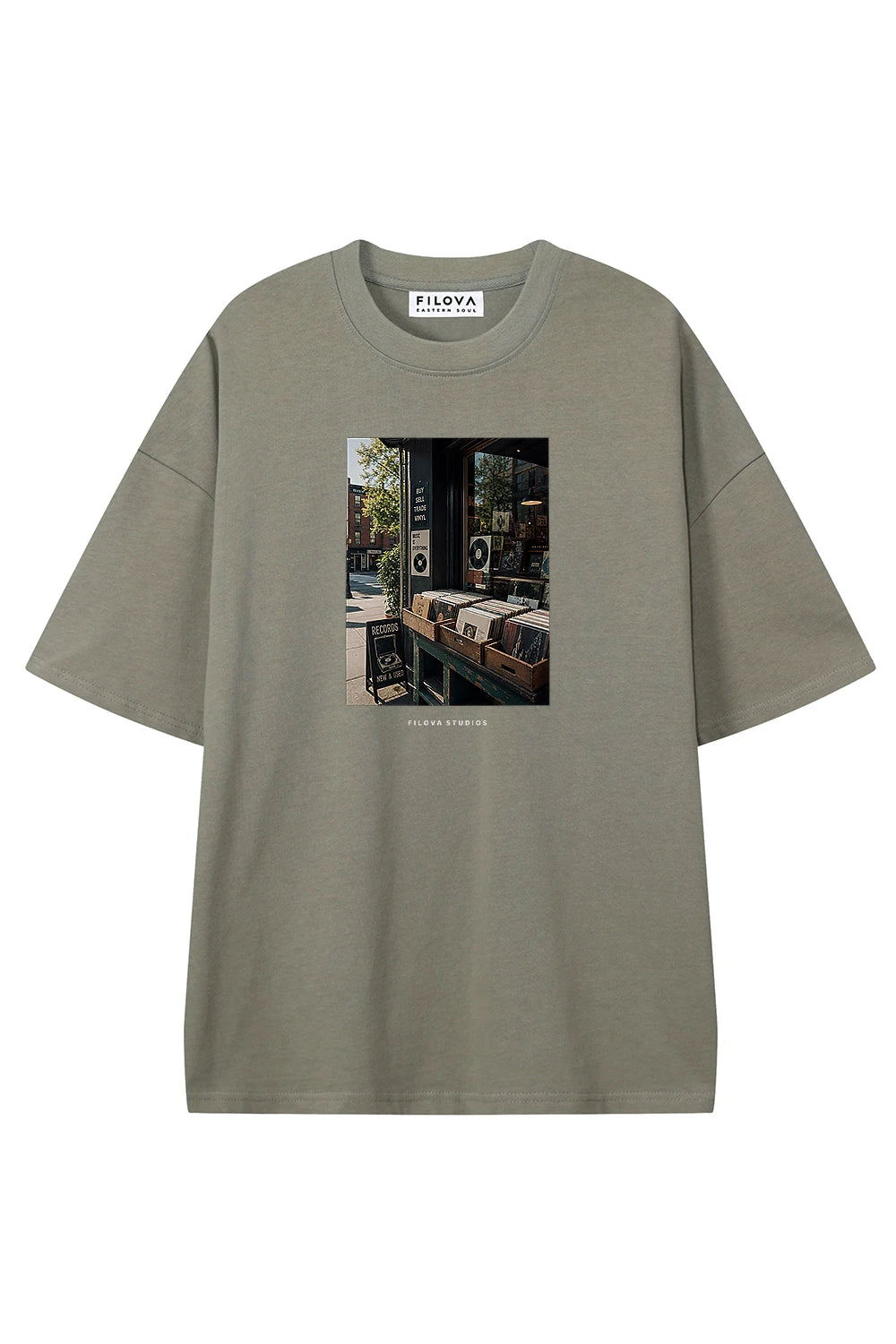 Filova Studios Record Shop Dark Gray graphic T-shirt, front view