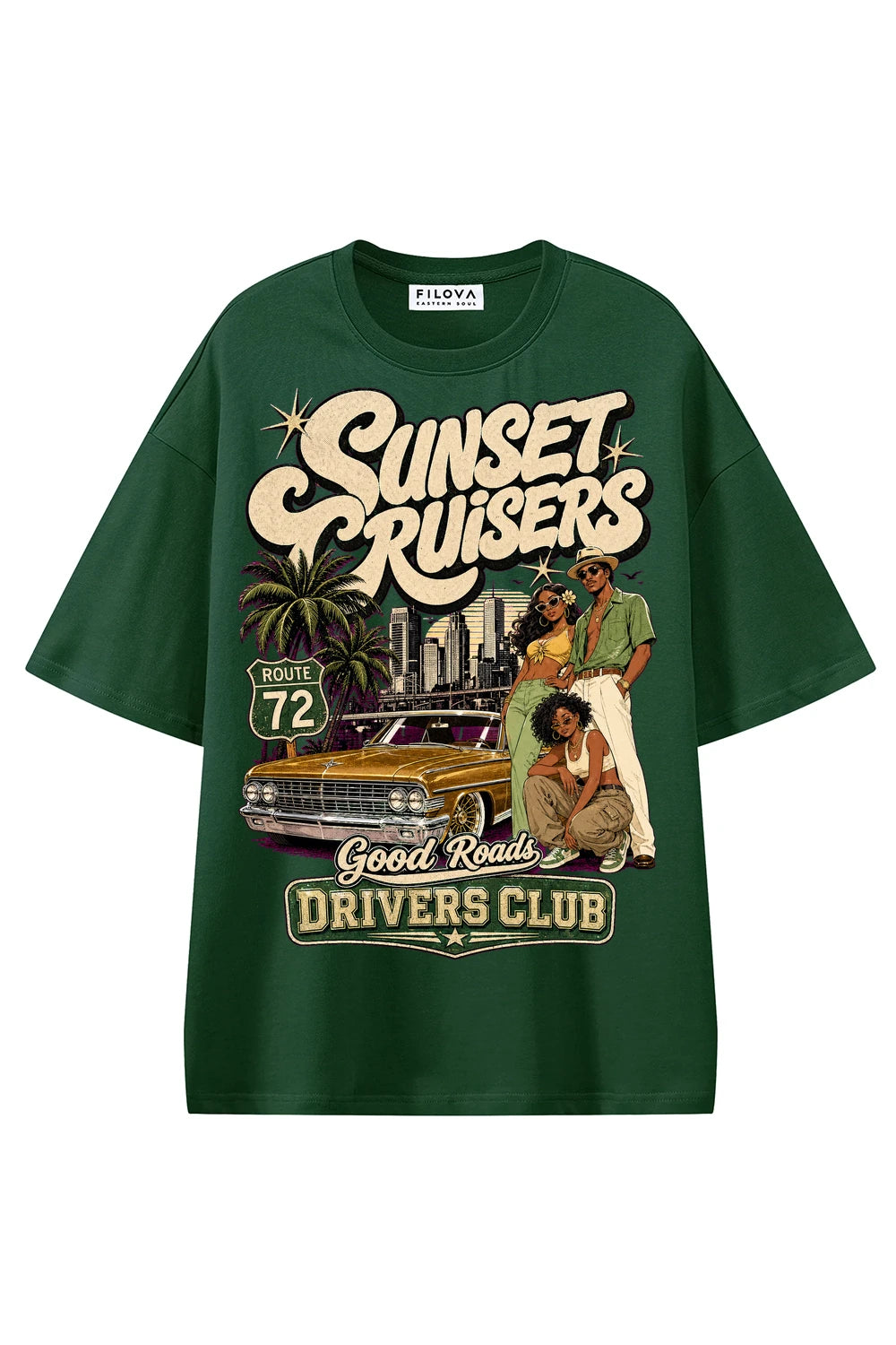 Sunset Cruisers Club Dark Green graphic T-shirt, front view
