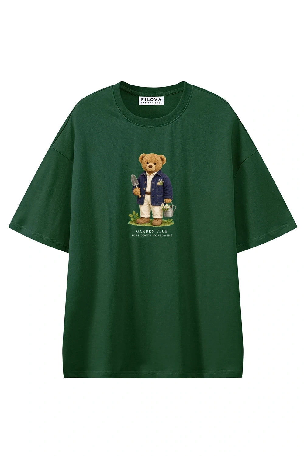 Garden Club Bear Dark Green graphic T-shirt, front view