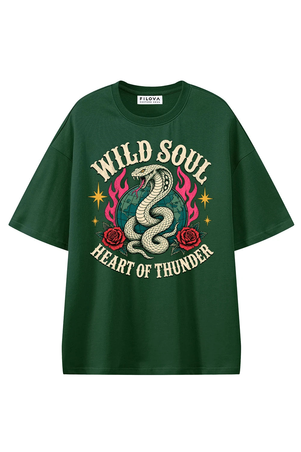 Wild Soul Thunder Dark Green graphic T-shirt, front view