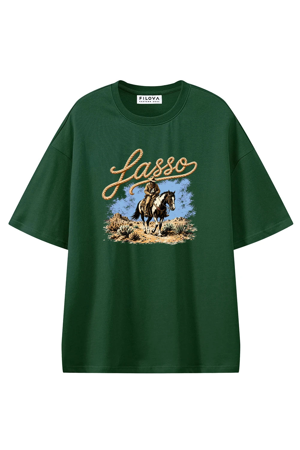 Lasso Run Rider Dark Green graphic T-shirt, front view