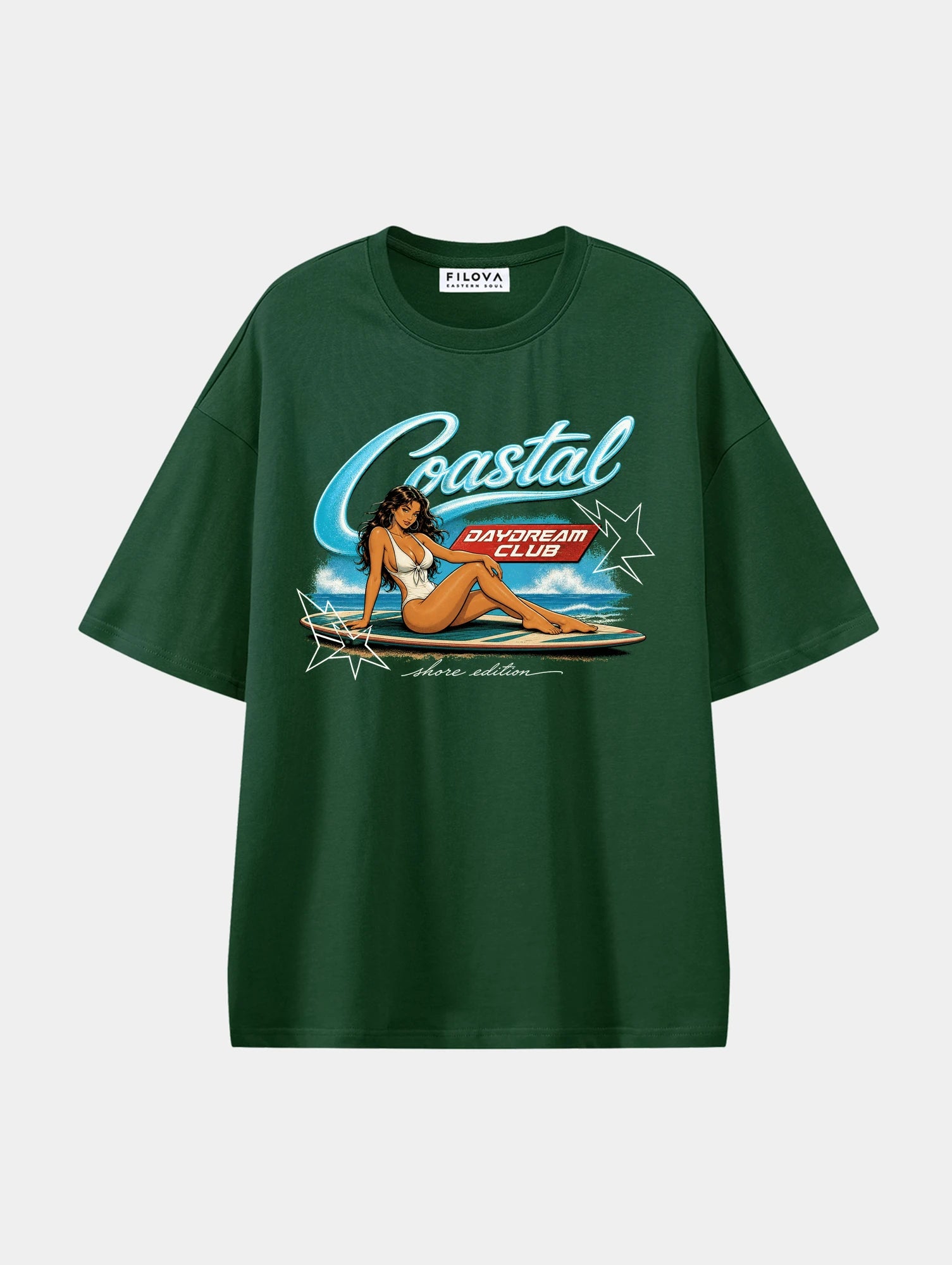 Coastal Daydream Dark Green graphic T-shirt, front view