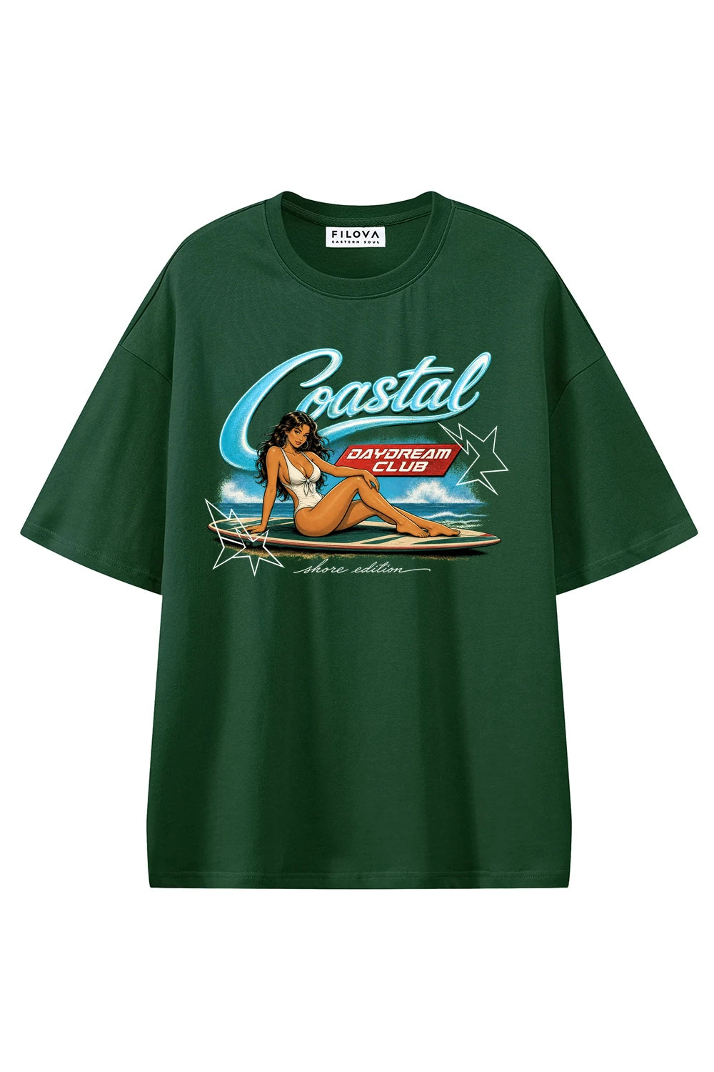 Coastal Daydream Dark Green graphic T-shirt, front view