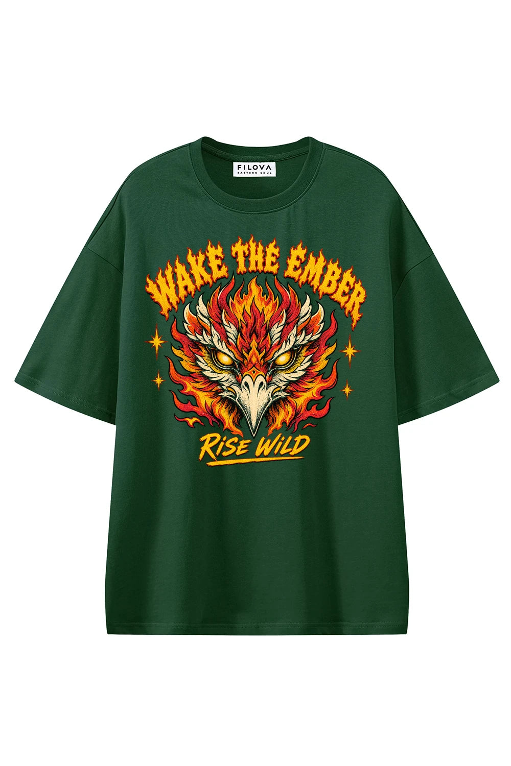 Wake The Ember Dark Green graphic T-shirt, front view