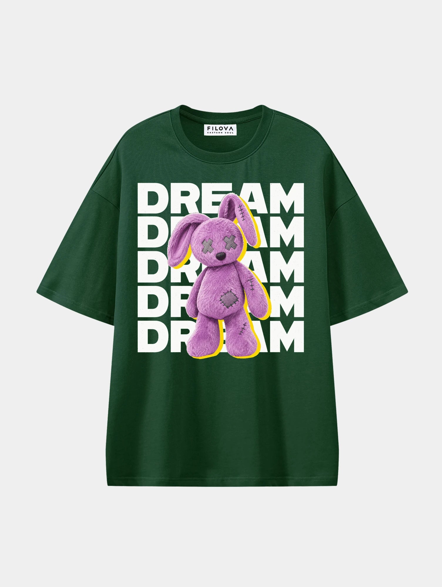 Dream Plush Rabbit Dark Green graphic T-shirt, front view