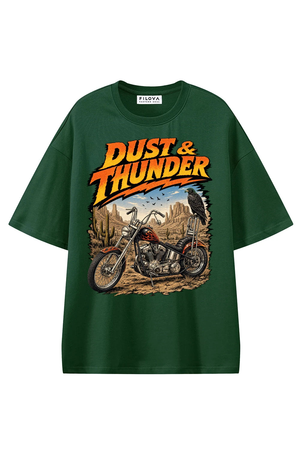 Dust And Thunder Dark Green graphic T-shirt, front view