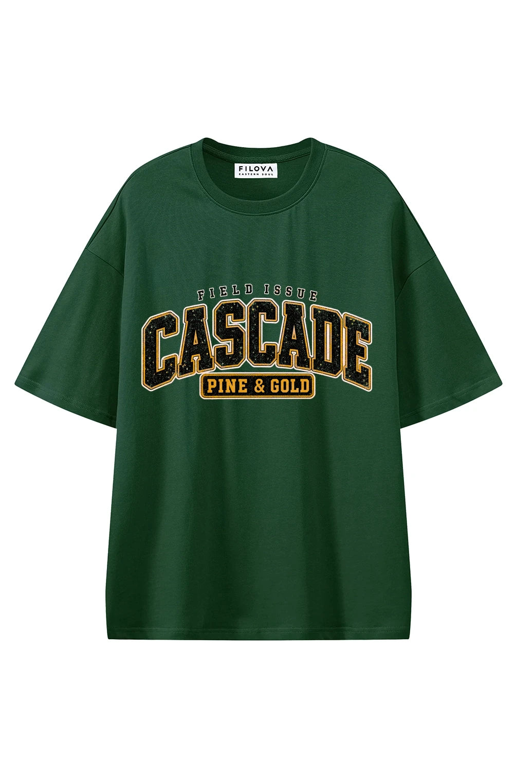 Cascade Pine Gold Dark Green graphic T-shirt, front view