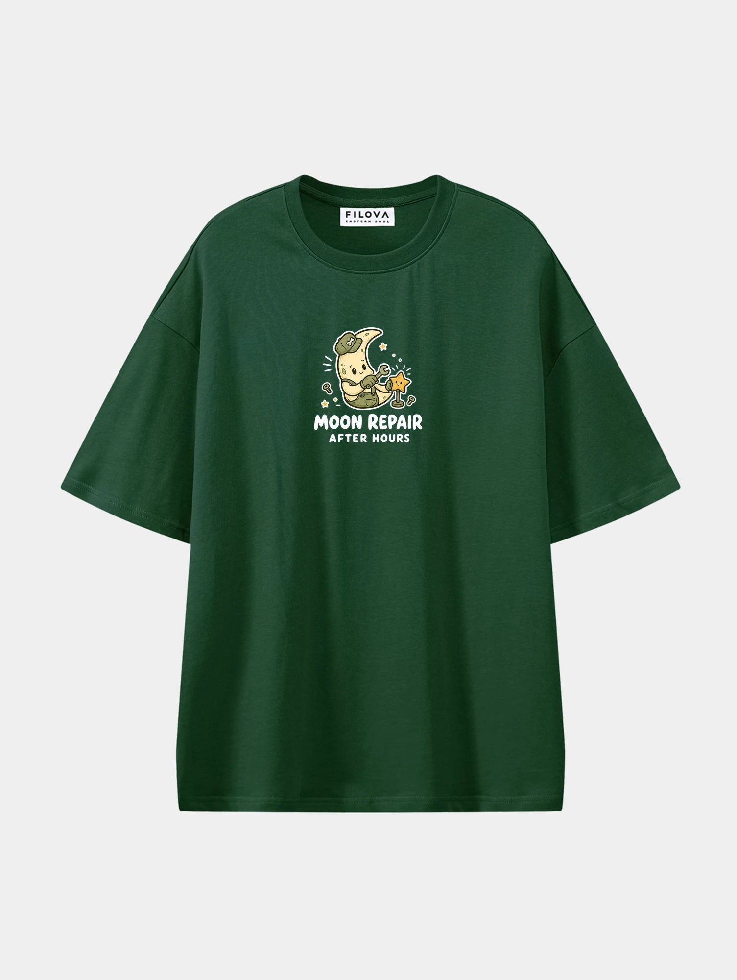 Moon Repair Dark Green graphic T-shirt, front view