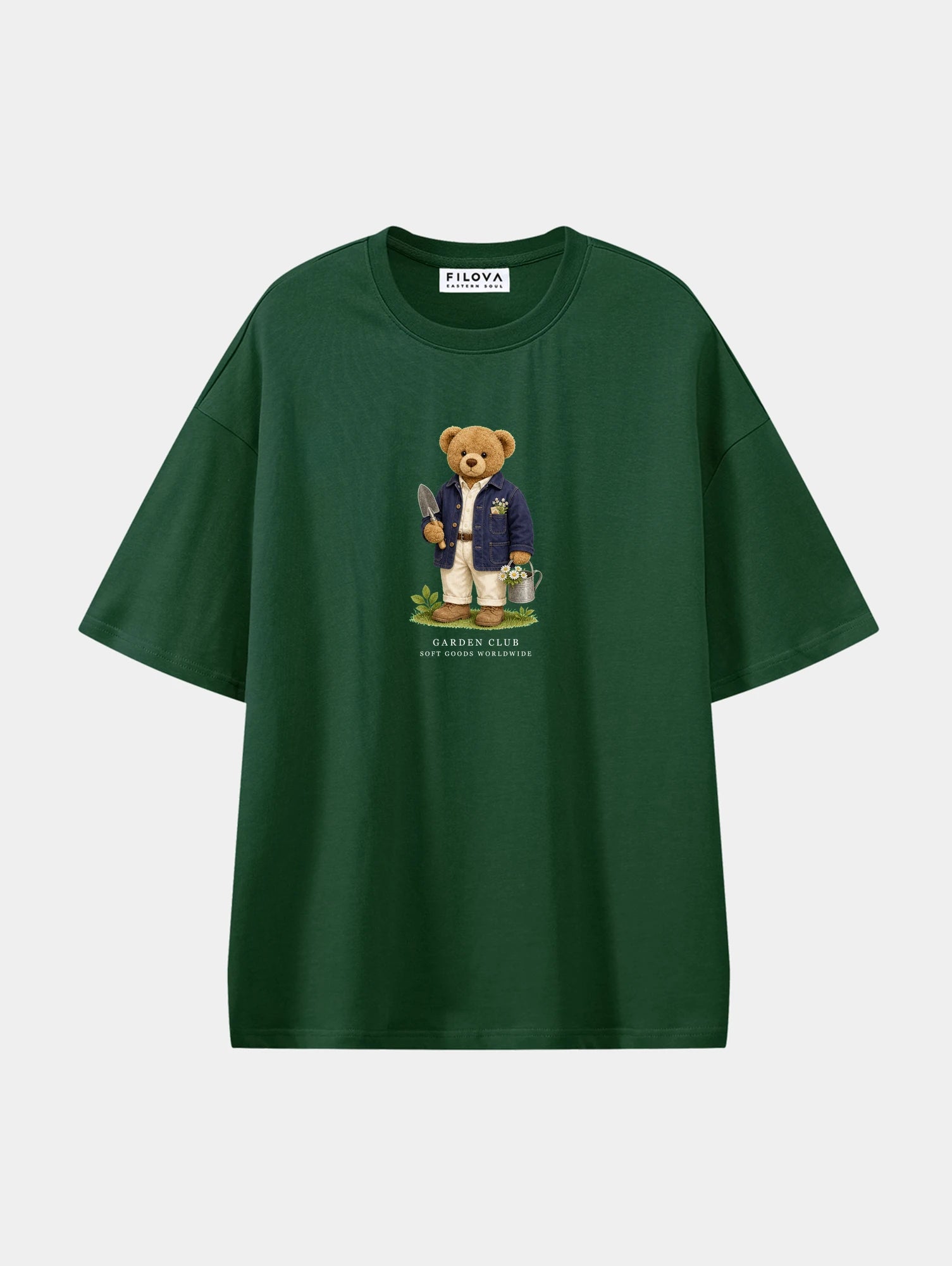 Garden Club Bear Dark Green graphic T-shirt, front view