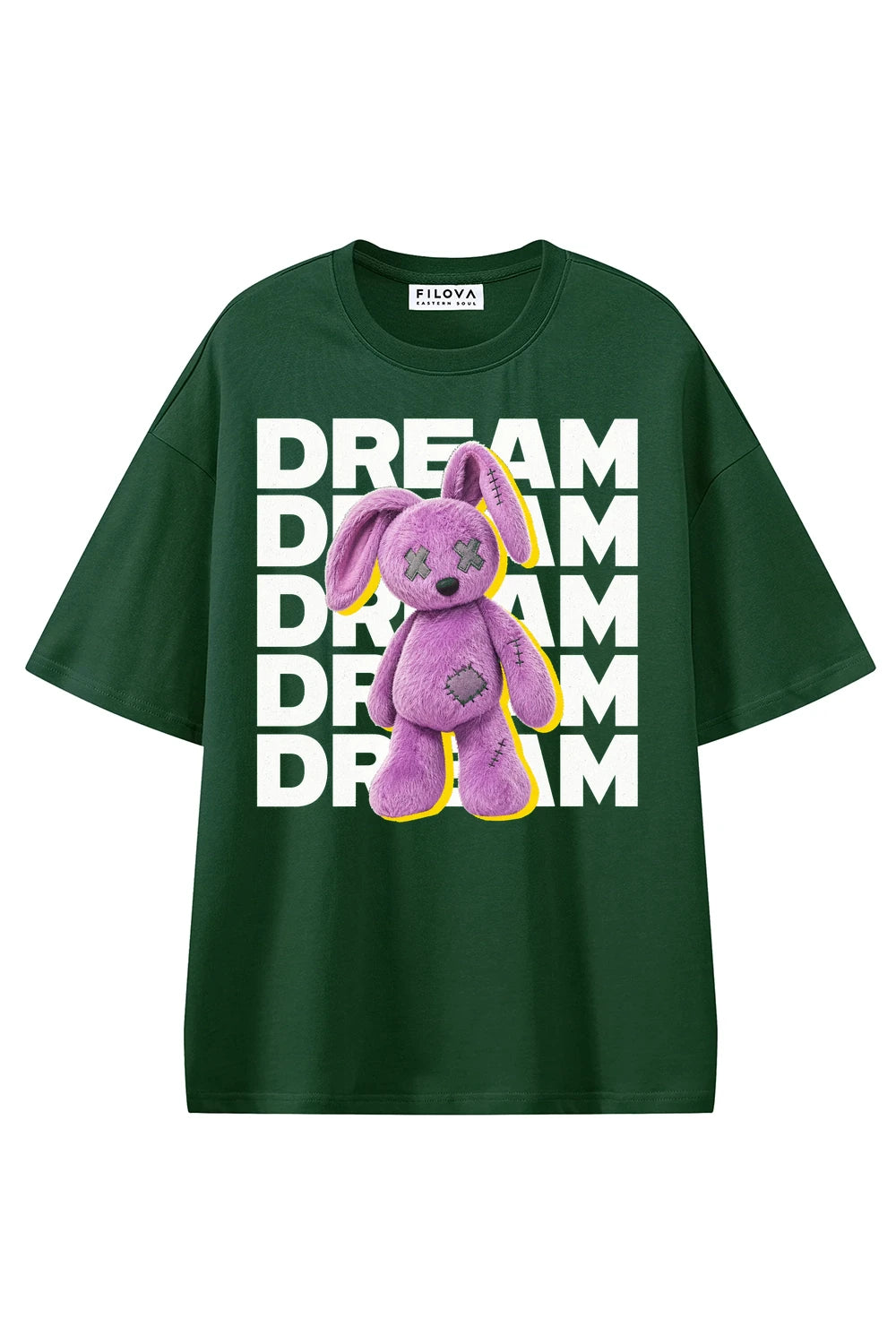 Dream Plush Rabbit Dark Green graphic T-shirt, front view
