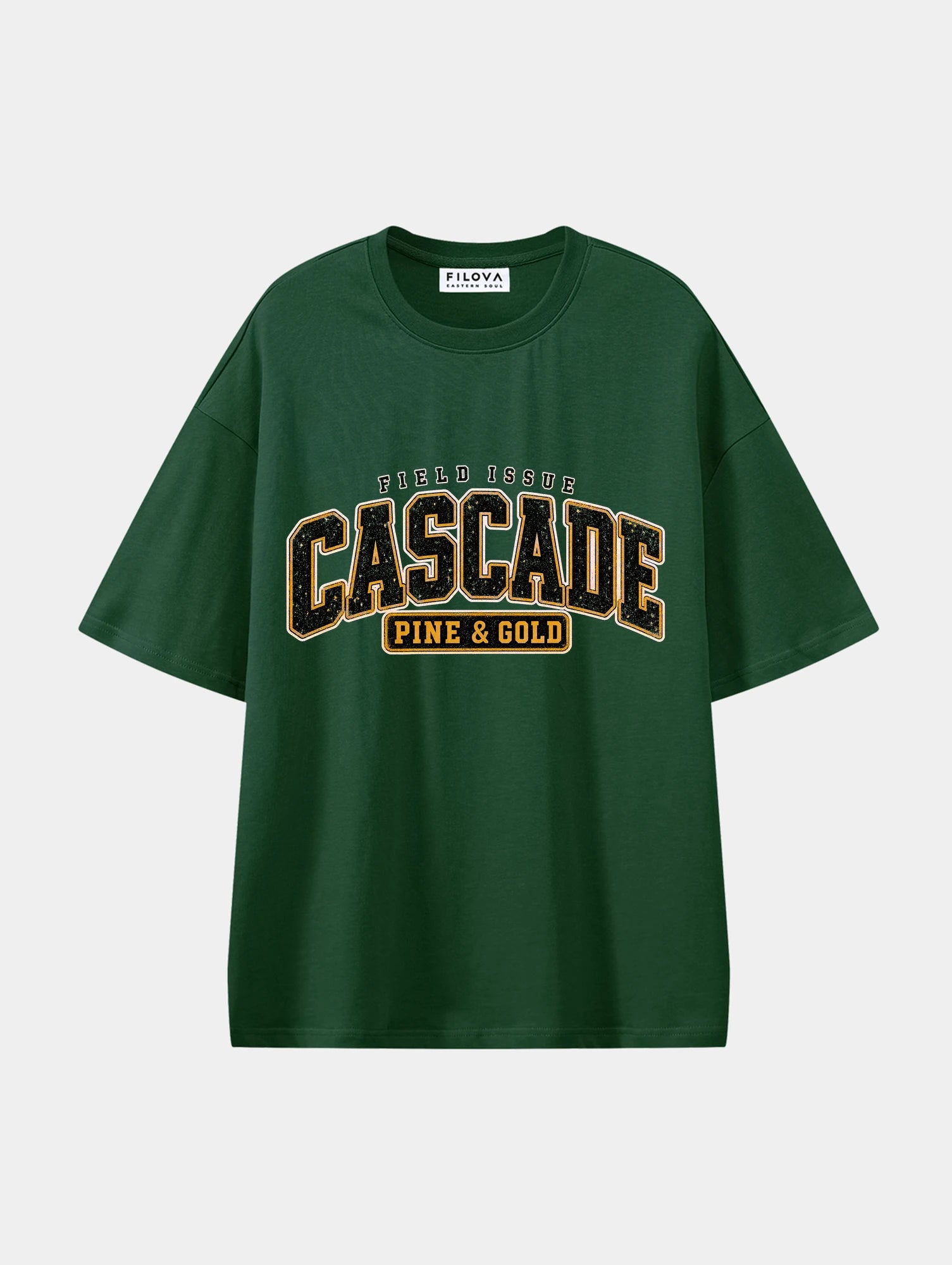 Cascade Pine Gold Dark Green graphic T-shirt, front view