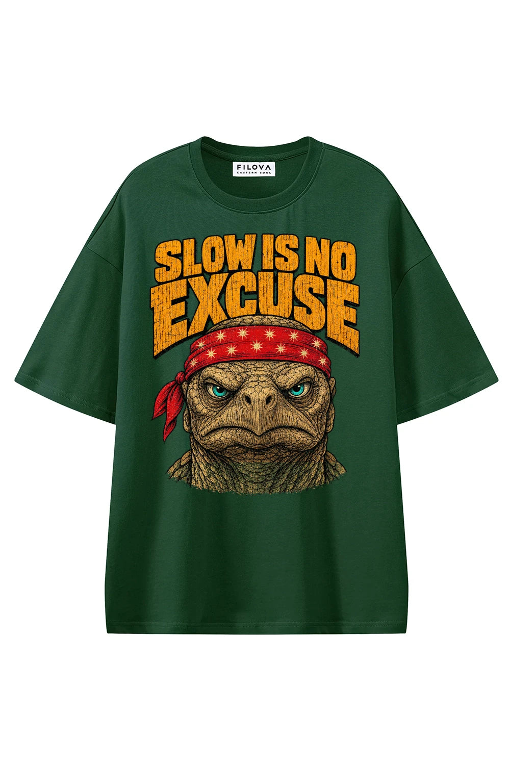 Slow Is No Excuse Dark Green graphic T-shirt, front view