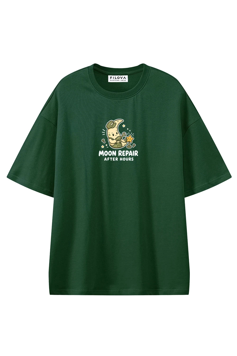 Moon Repair Dark Green graphic T-shirt, front view