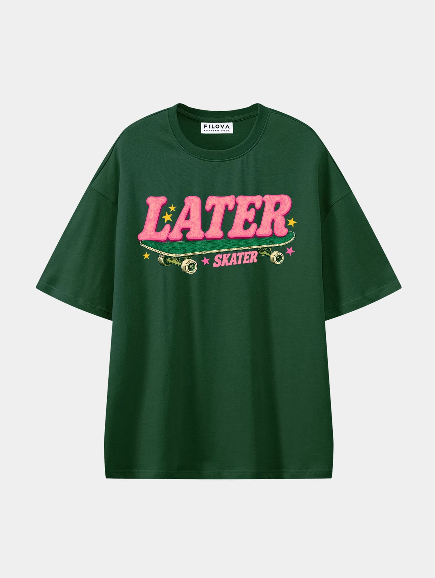 Later Skater Dark Green graphic T-shirt, front view