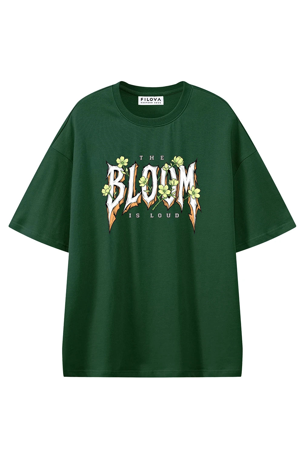 Bloom Is Loud Dark Green graphic T-shirt, front view