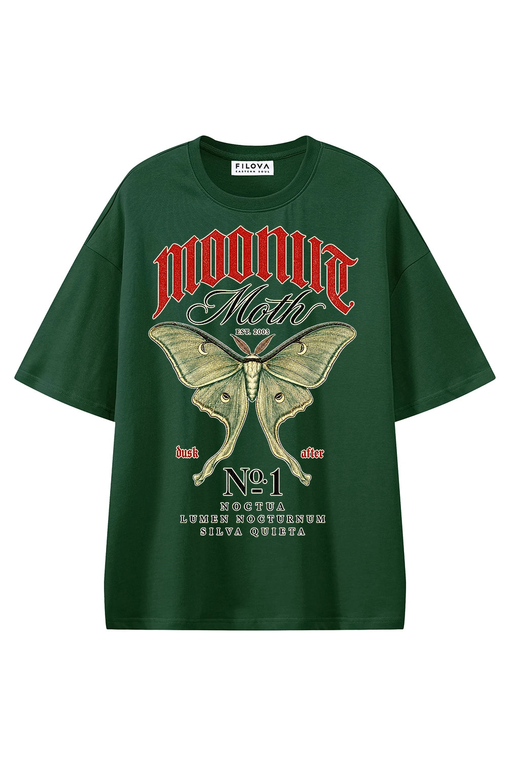 Moonlit Moth No 1 Dark Green graphic T-shirt, front view