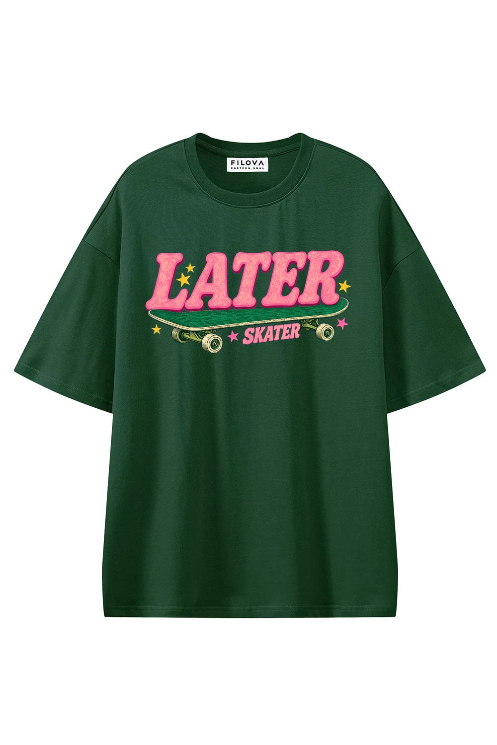 Later Skater Dark Green graphic T-shirt, front view