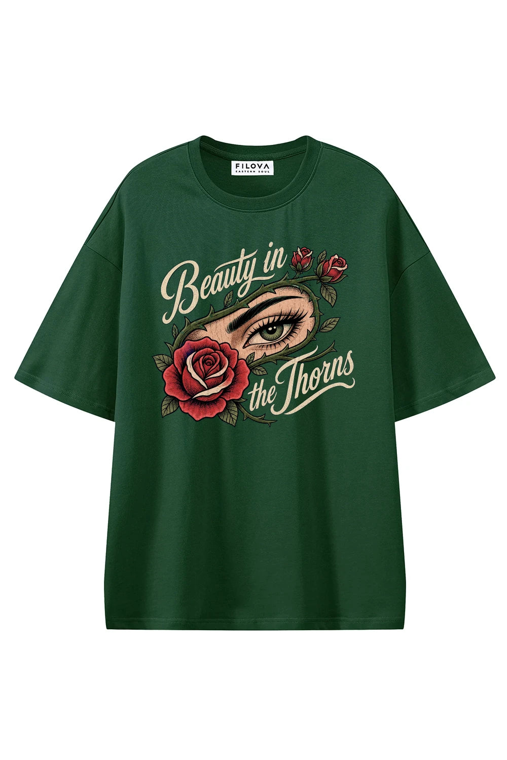 Beauty In The Thorns Dark Green graphic T-shirt, front view