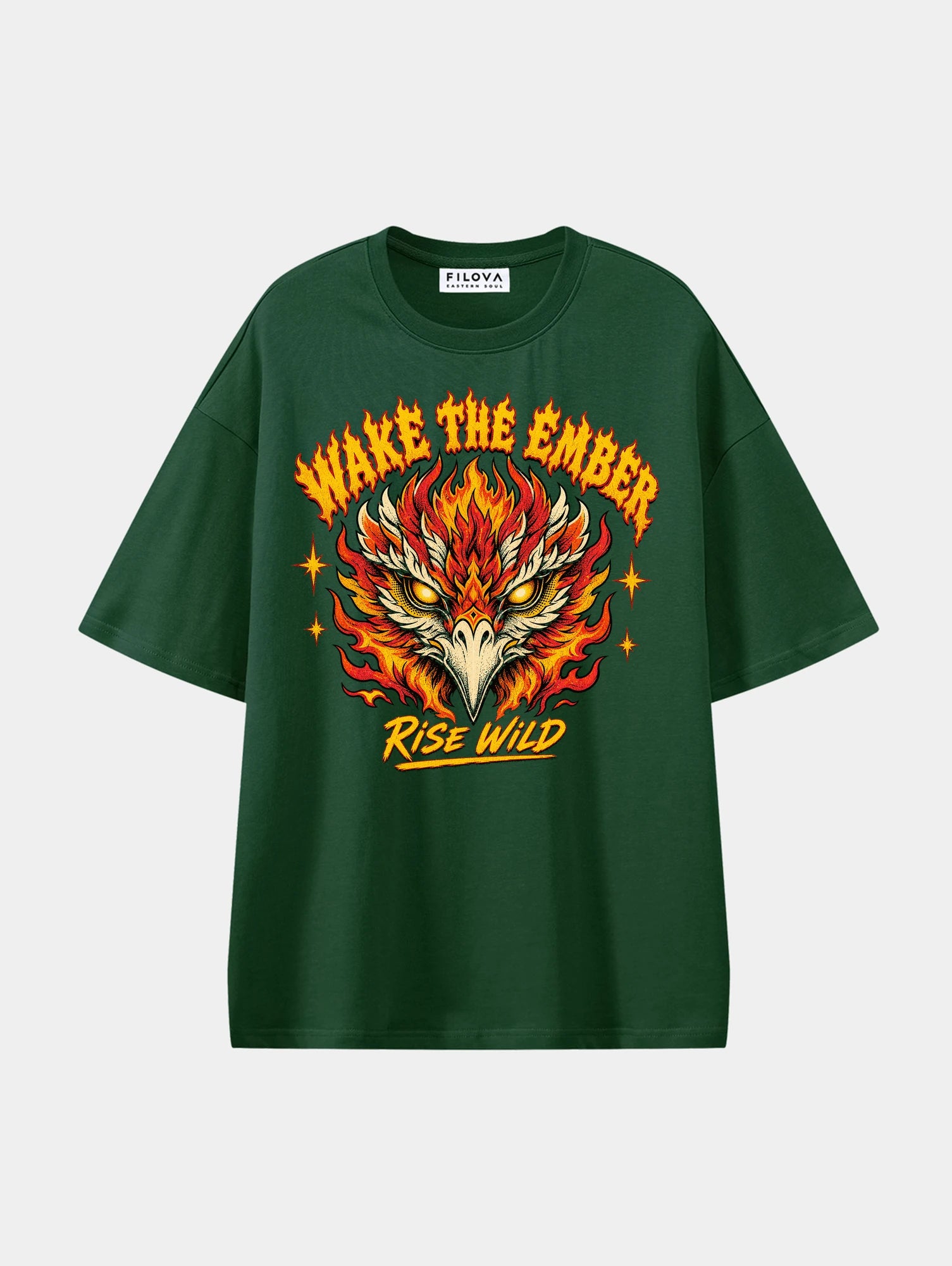 Wake The Ember Dark Green graphic T-shirt, front view