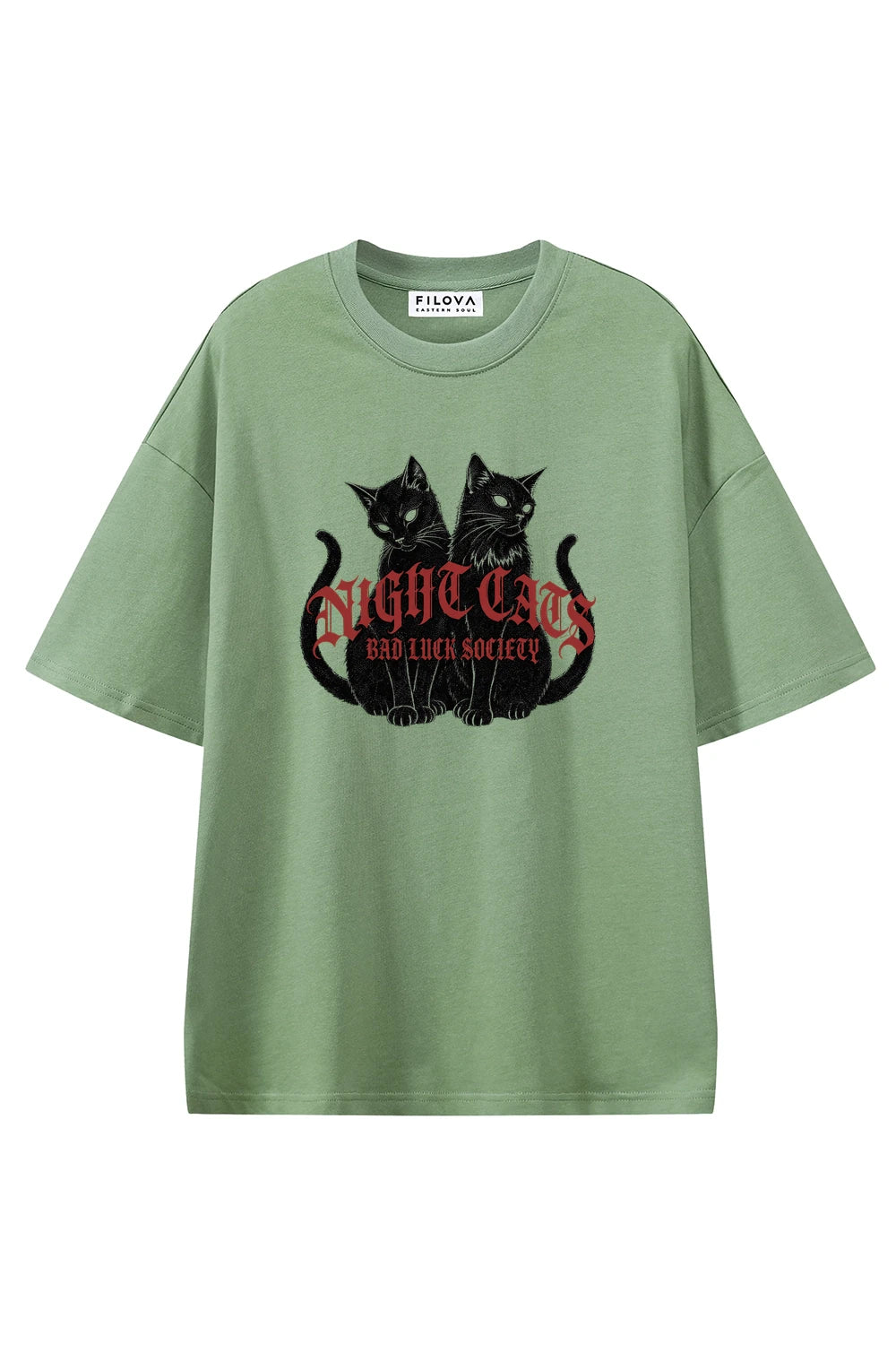Night Cats Society Light Green graphic T-shirt, front view