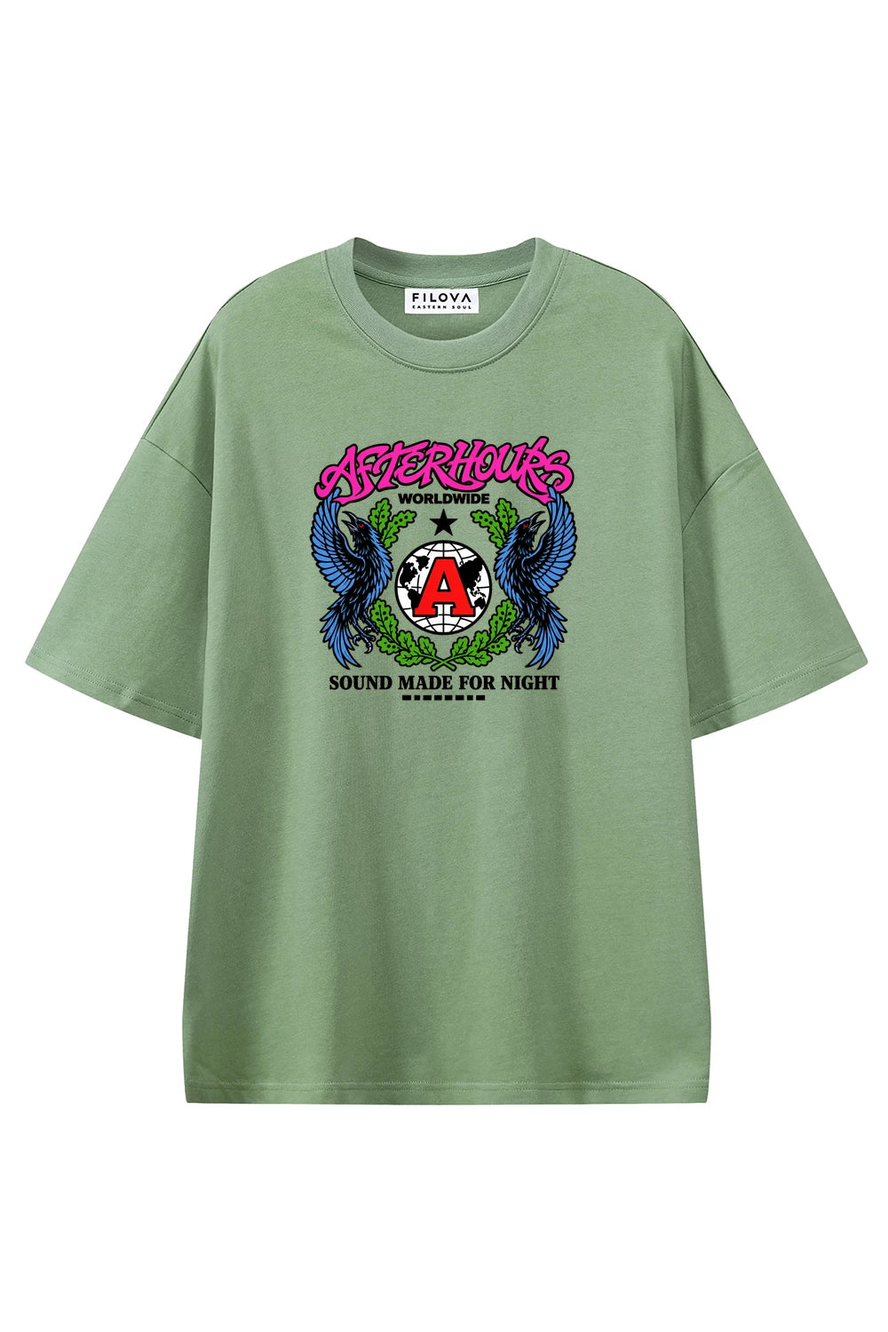 Afterhours Worldwide Light Green graphic T-shirt, front view