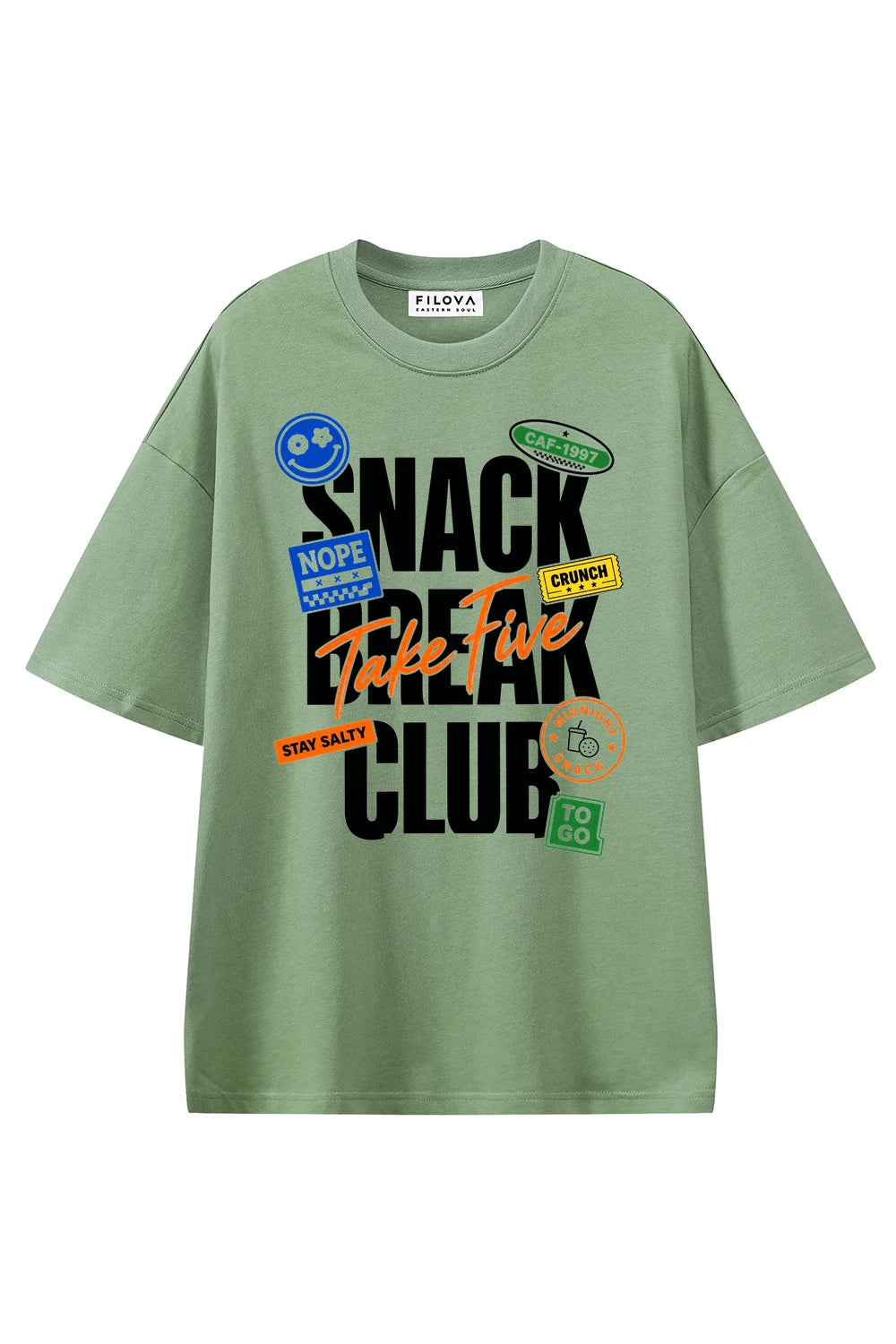 Snack Break Club Light Green graphic T-shirt, front view