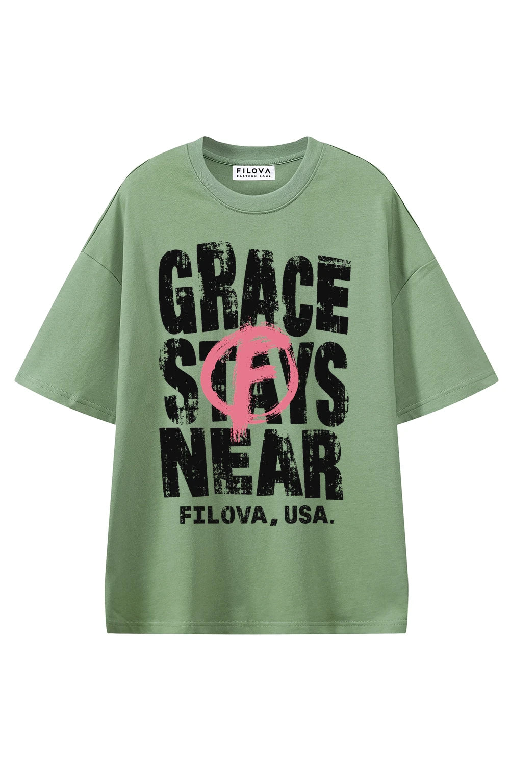 Grace Stays Near Light Green graphic T-shirt, front view