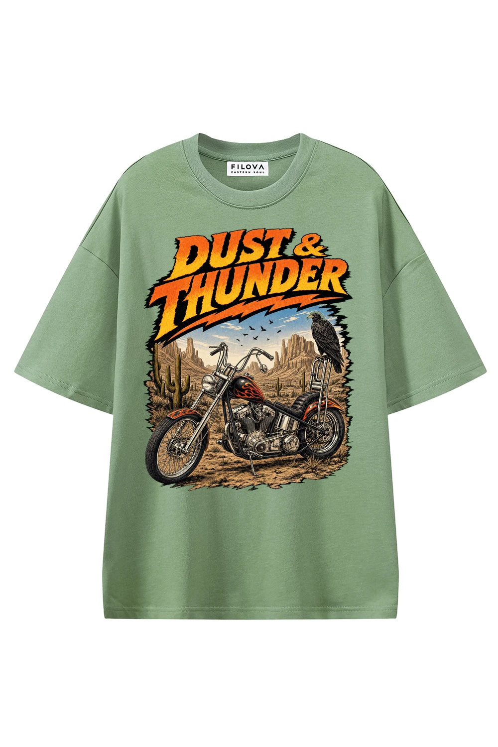 Dust And Thunder Light Green graphic T-shirt, front view