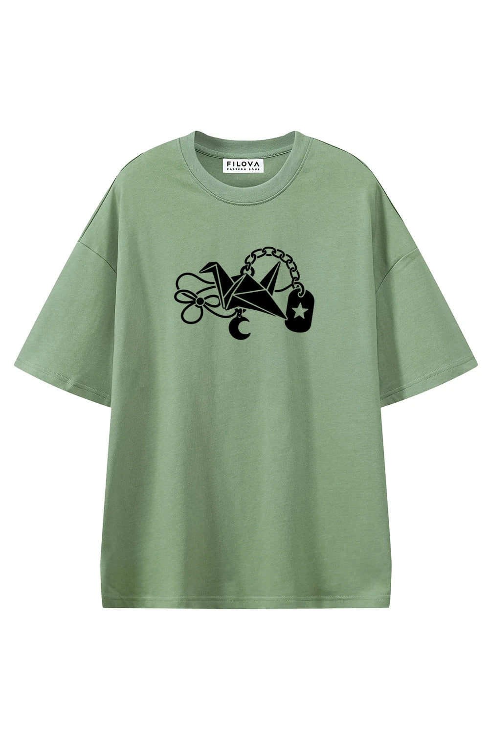 Lucky Crane Charm Light Green graphic T-shirt, front view