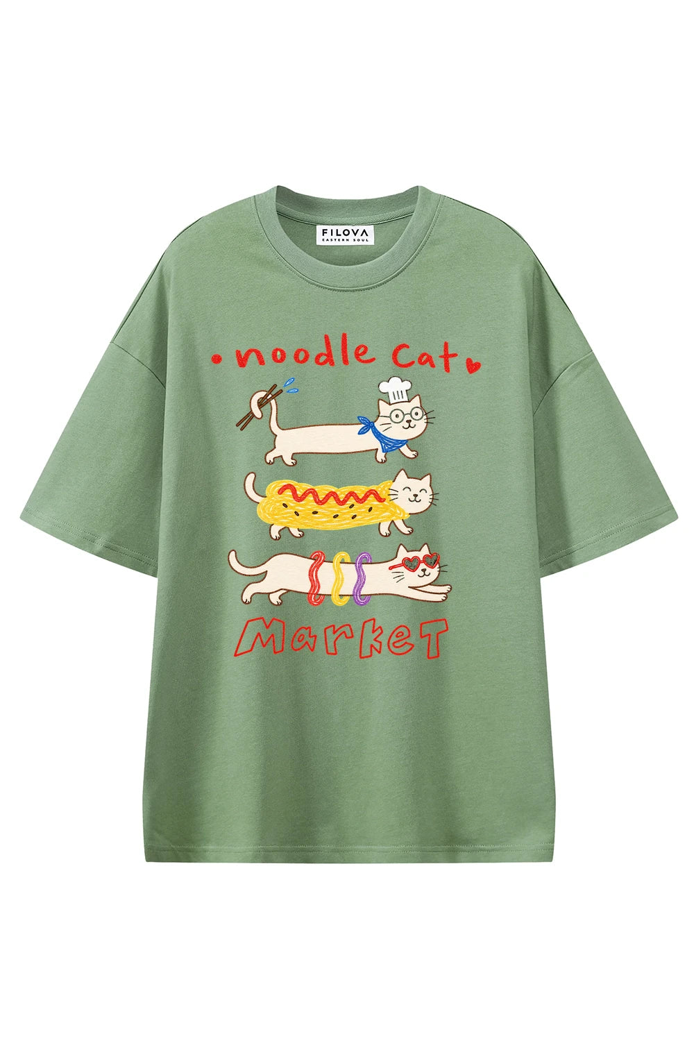 Noodle Cat Market Light Green graphic T-shirt, front view