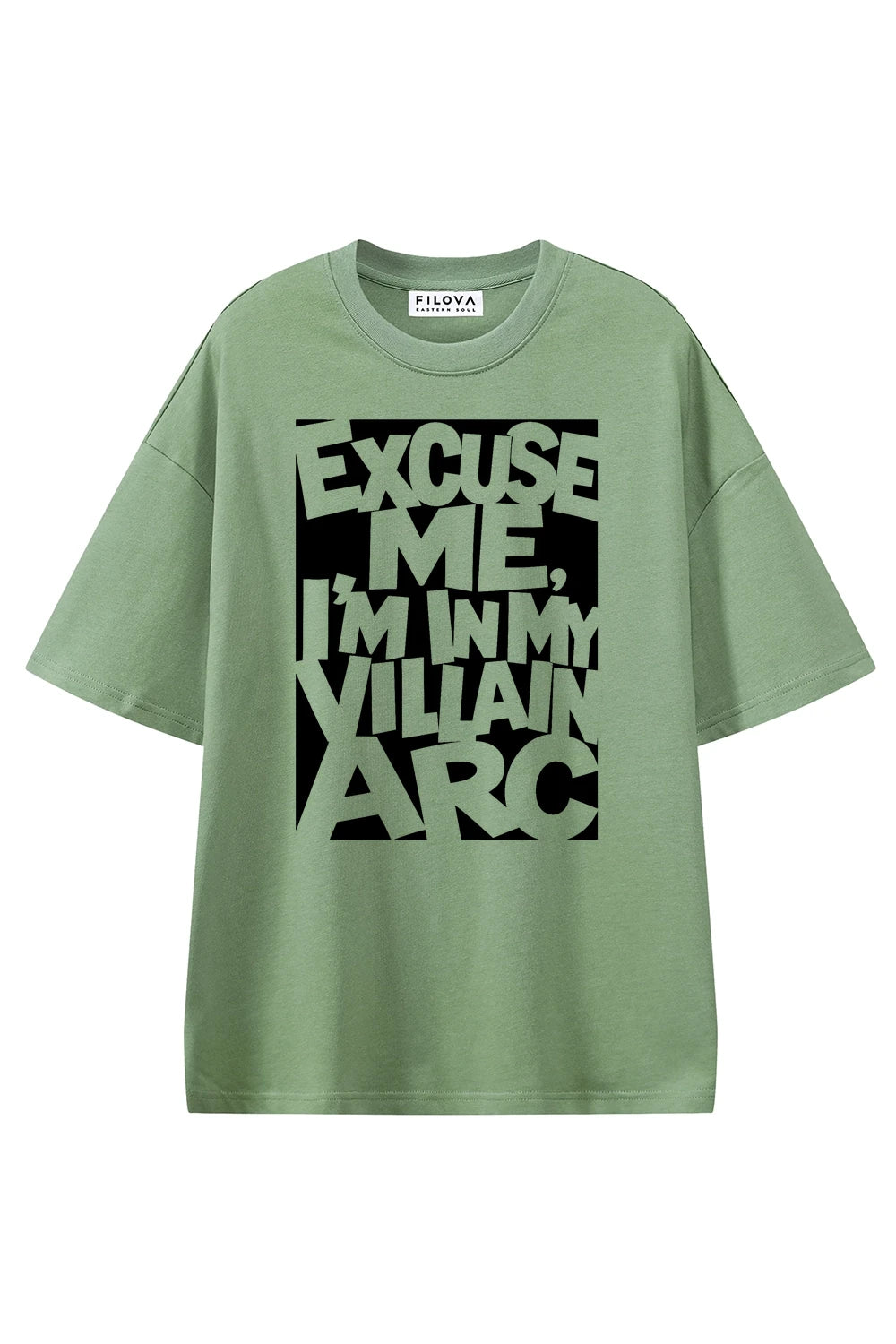 Excuse Me Im In My Villain Arc Light Green graphic T-shirt, front view