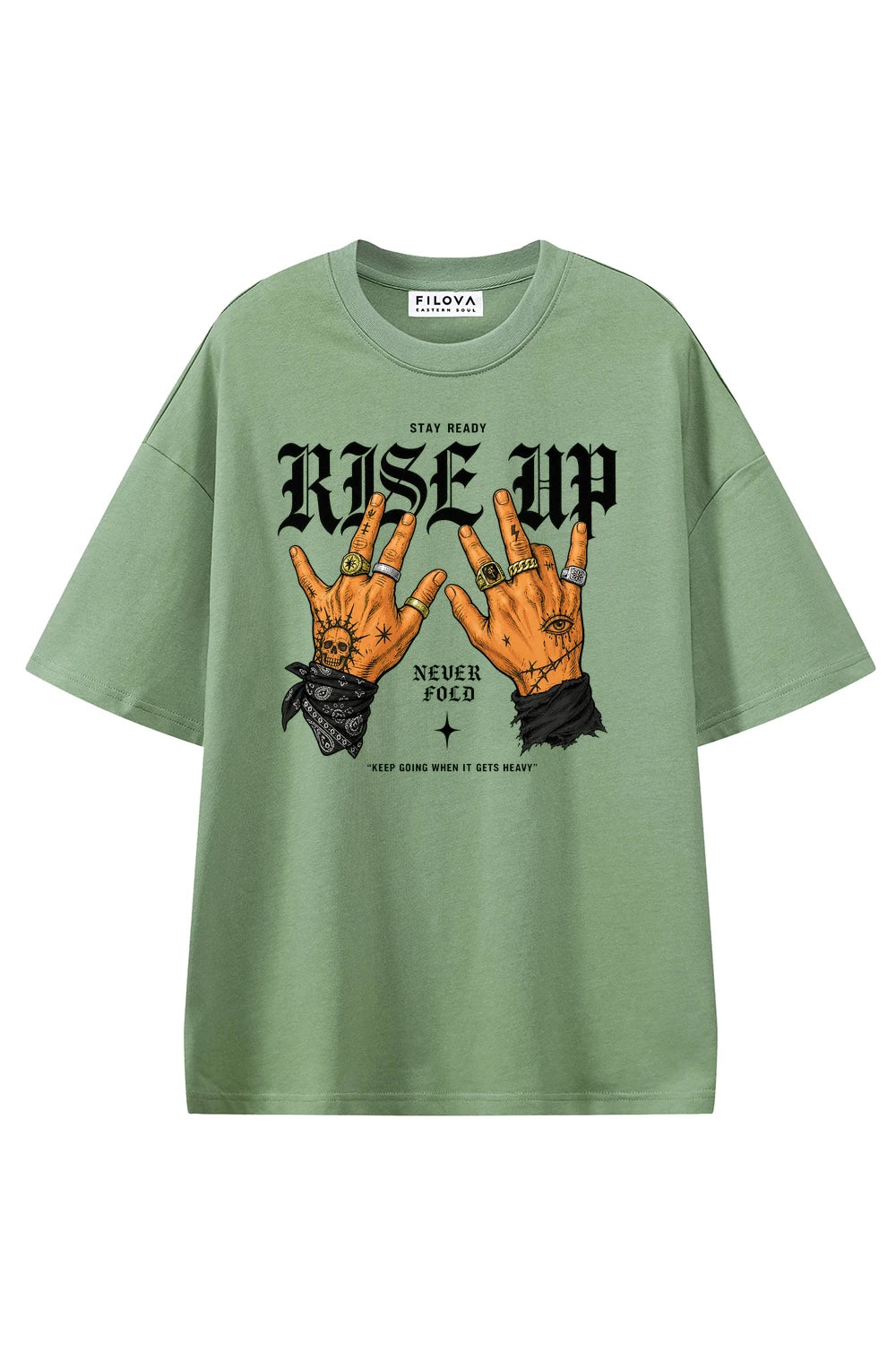 Rise Up Never Fold Light Green graphic T-shirt, front view