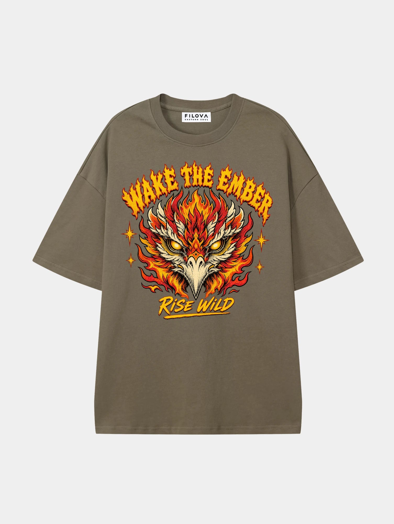Wake The Ember Moss Green graphic T-shirt, front view