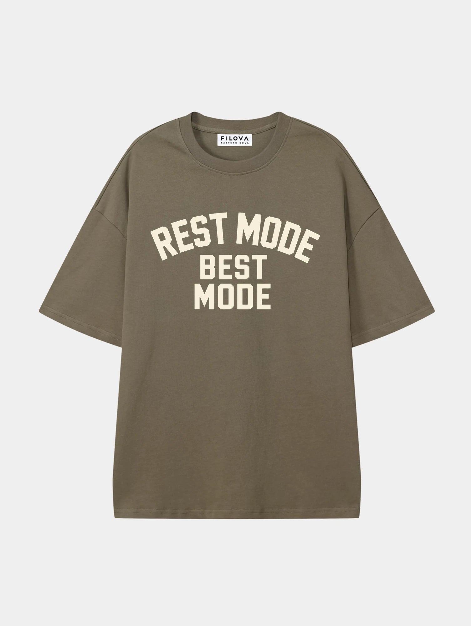 Rest Mode Best Mode Moss Green graphic T-shirt, front view