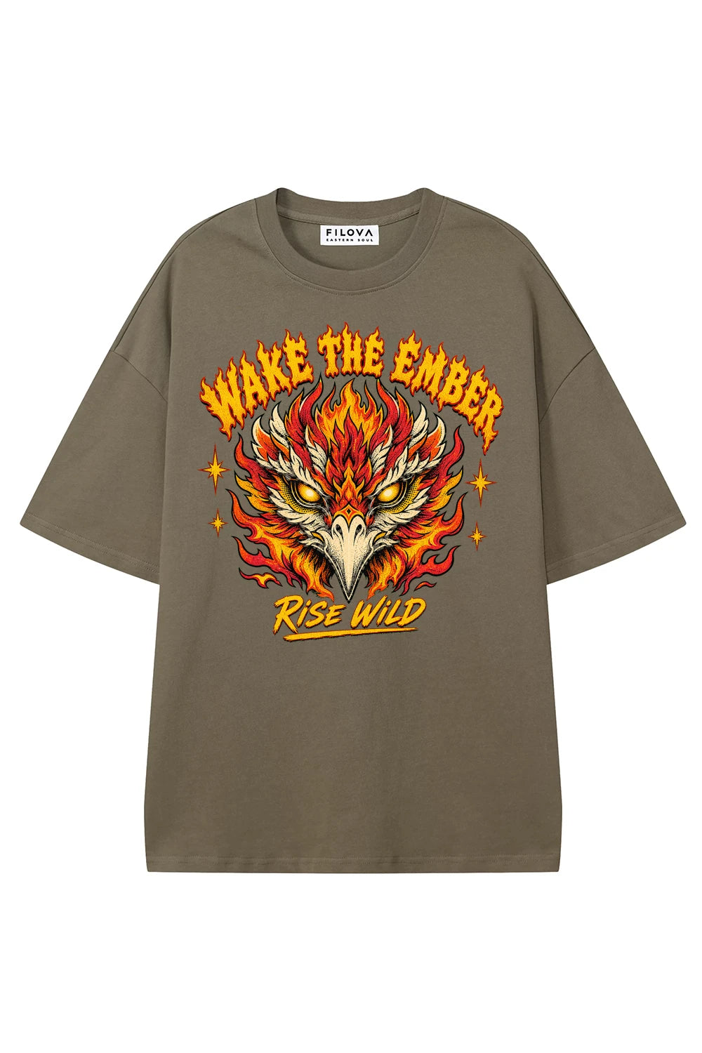 Wake The Ember Moss Green graphic T-shirt, front view