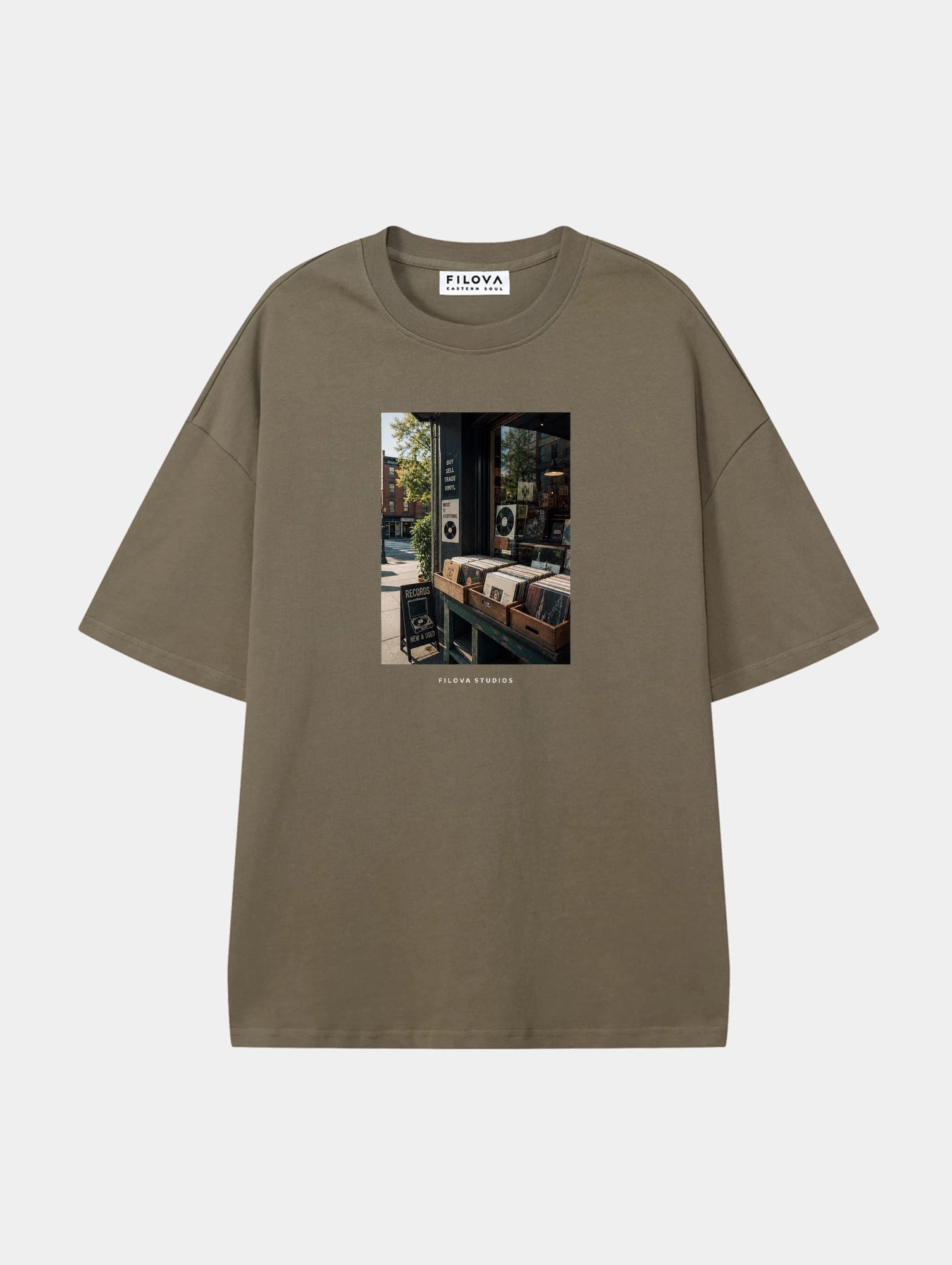 Filova Studios Record Shop Moss Green graphic T-shirt, front view