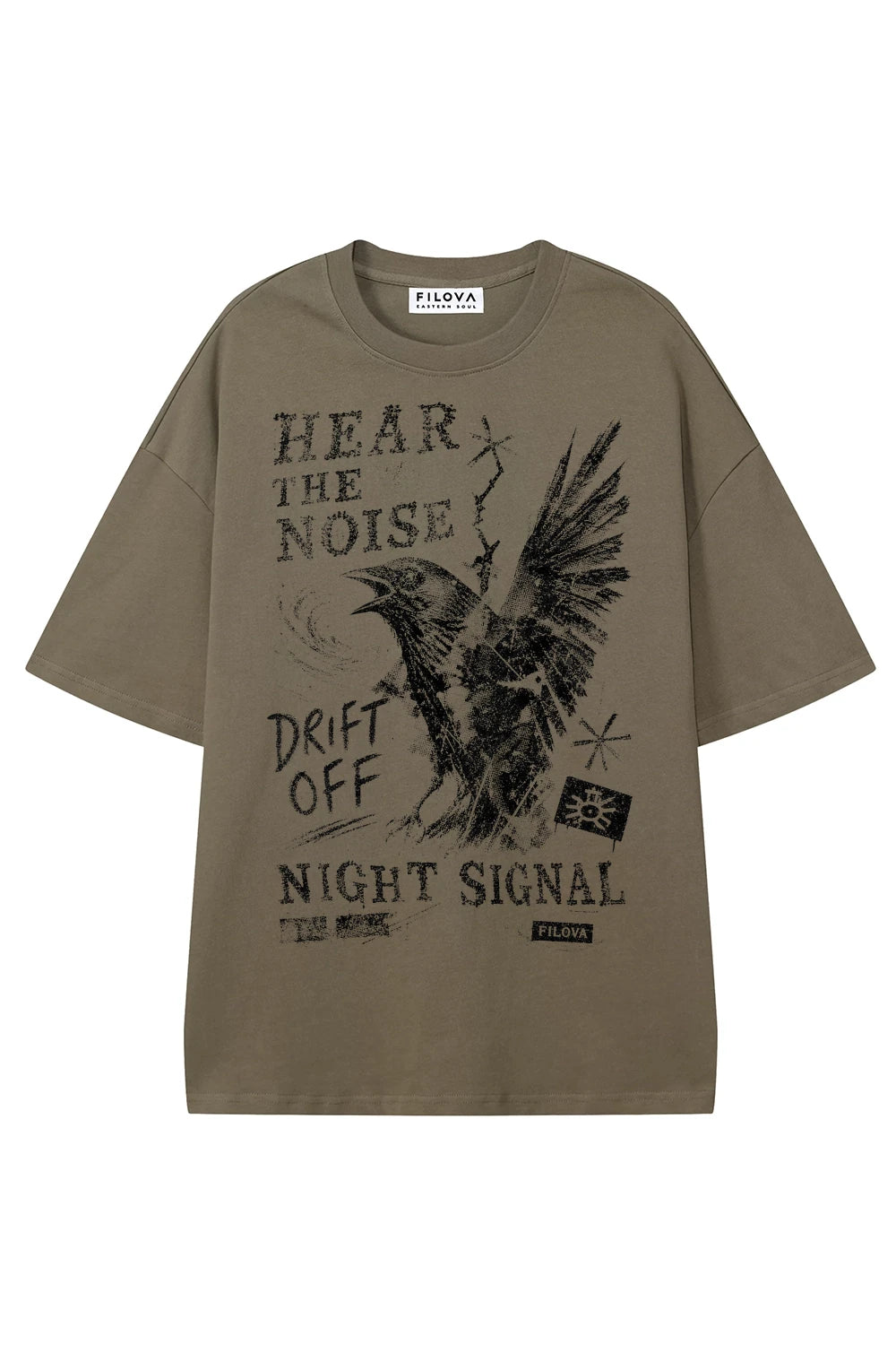 Hear The Noise Moss Green graphic T-shirt, front view