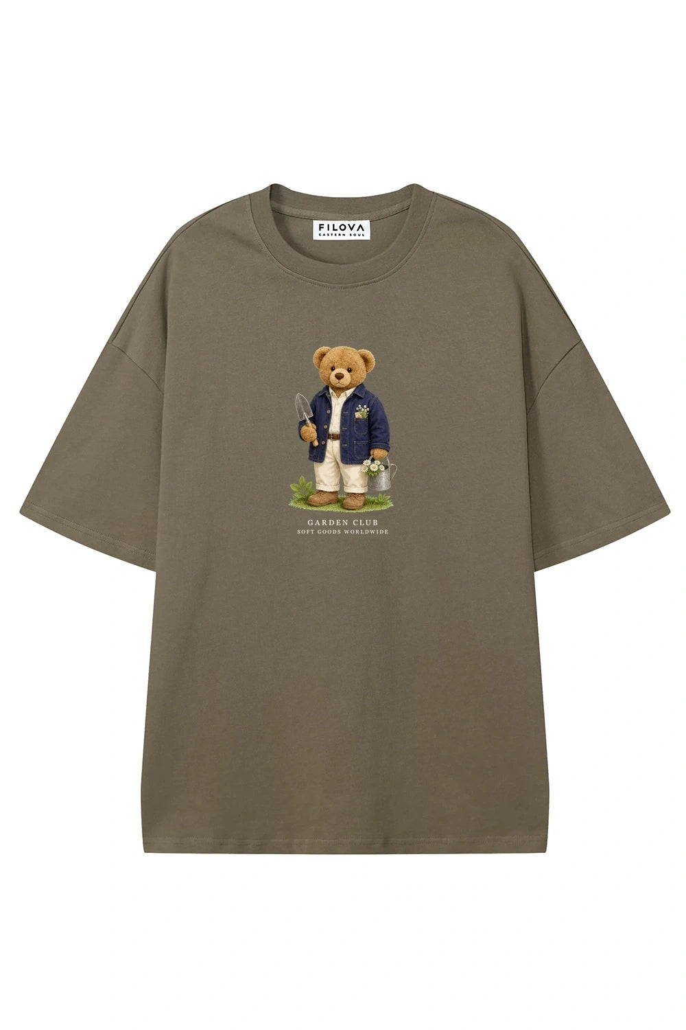 Garden Club Bear Moss Green graphic T-shirt, front view