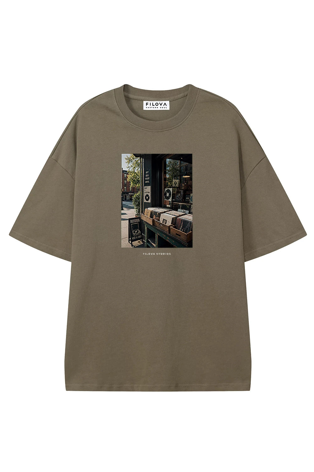 Filova Studios Record Shop Moss Green graphic T-shirt, front view
