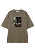 Filova Studios Record Shop Moss Green graphic T-shirt, front view