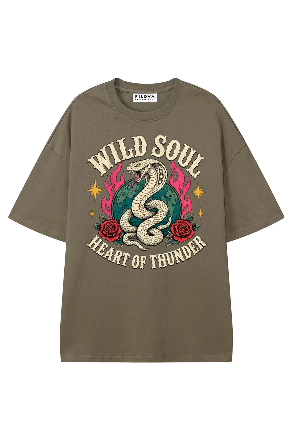 Wild Soul Thunder Moss Green graphic T-shirt, front view