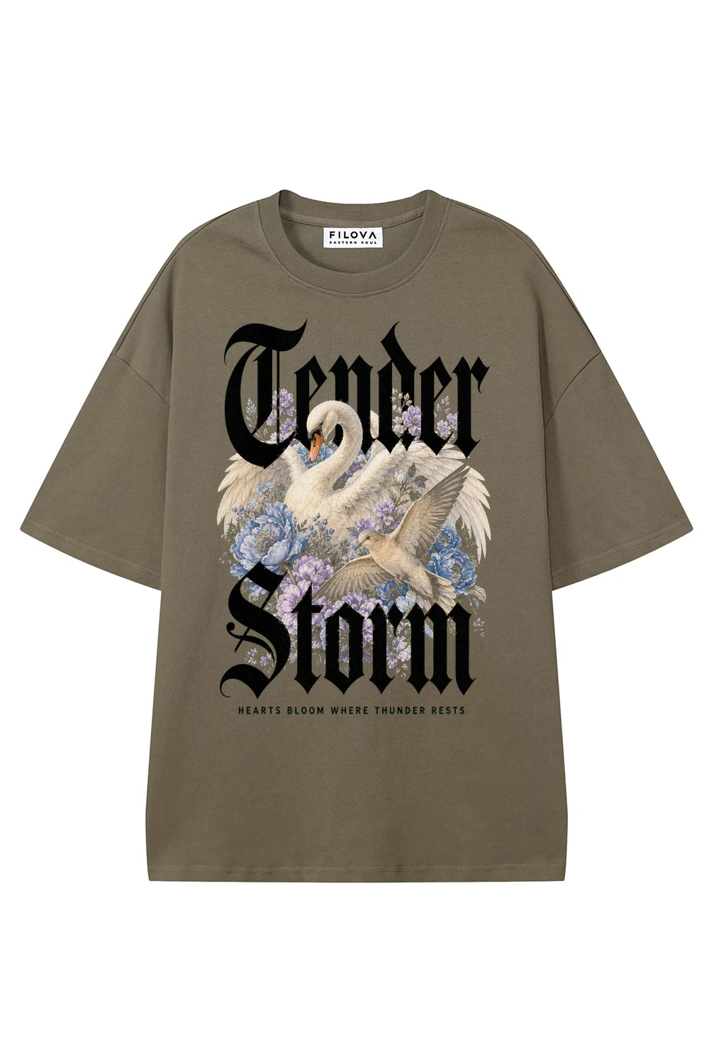 Tender Storm Moss Green graphic T-shirt, front view
