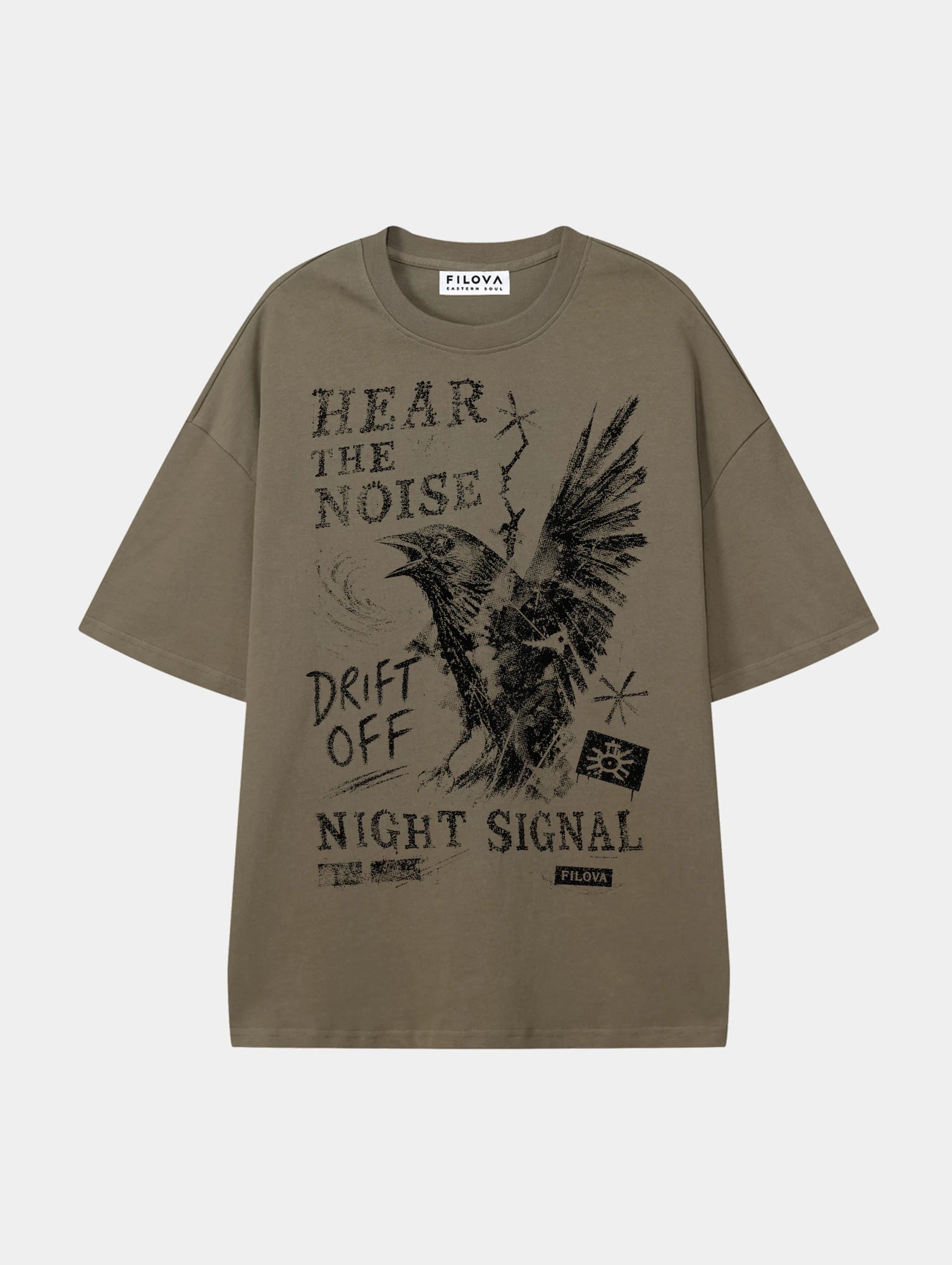 Hear The Noise Moss Green graphic T-shirt, front view