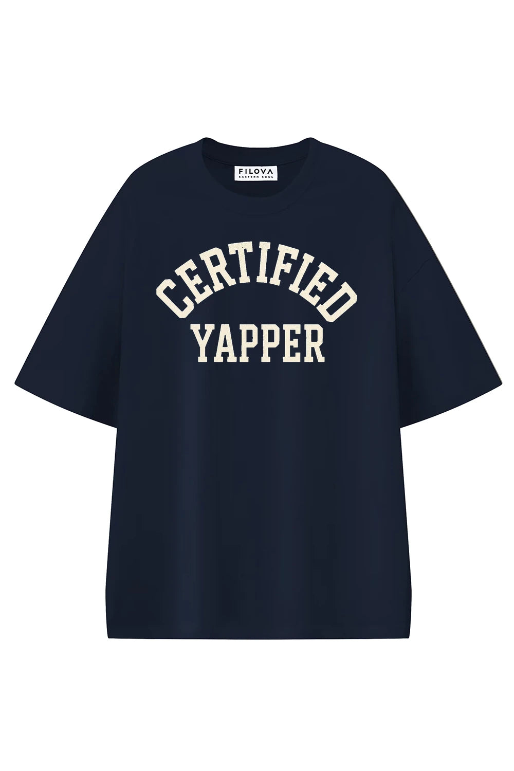 Certified Yapper Navi Blue graphic T-shirt, front view