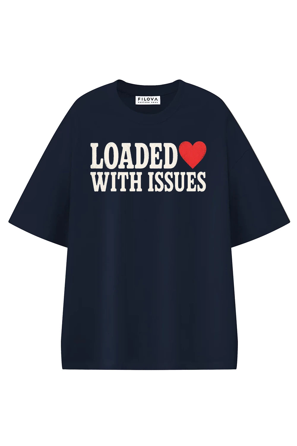Loaded With Issues Navi Blue graphic T-shirt, front view