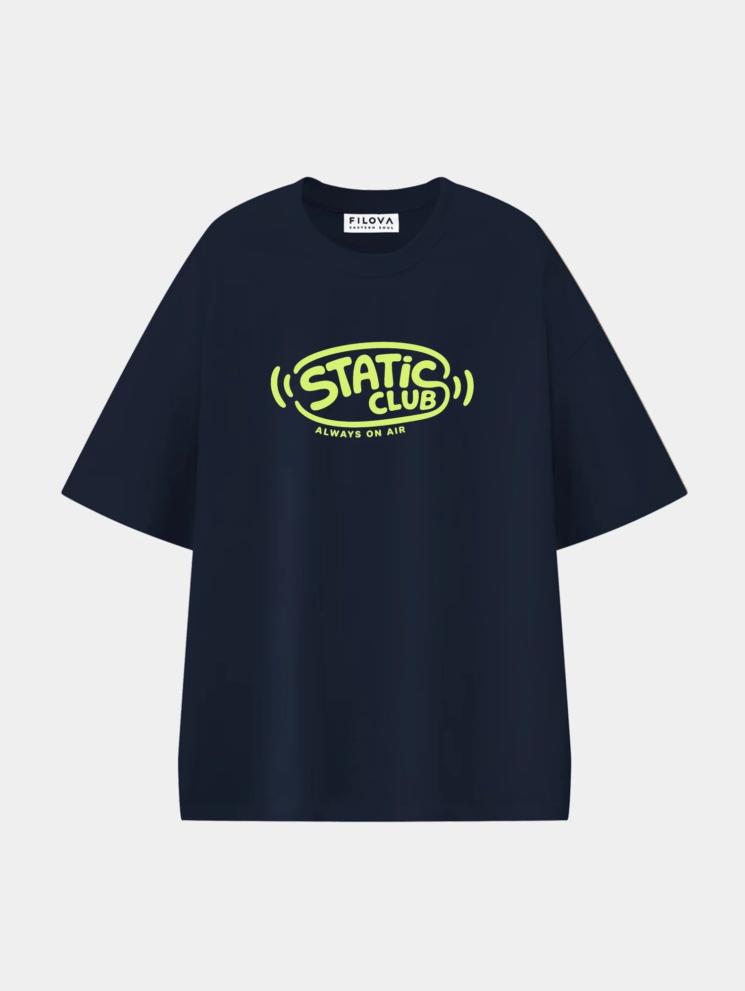 Static Club Navy Blue graphic T-shirt, front view
