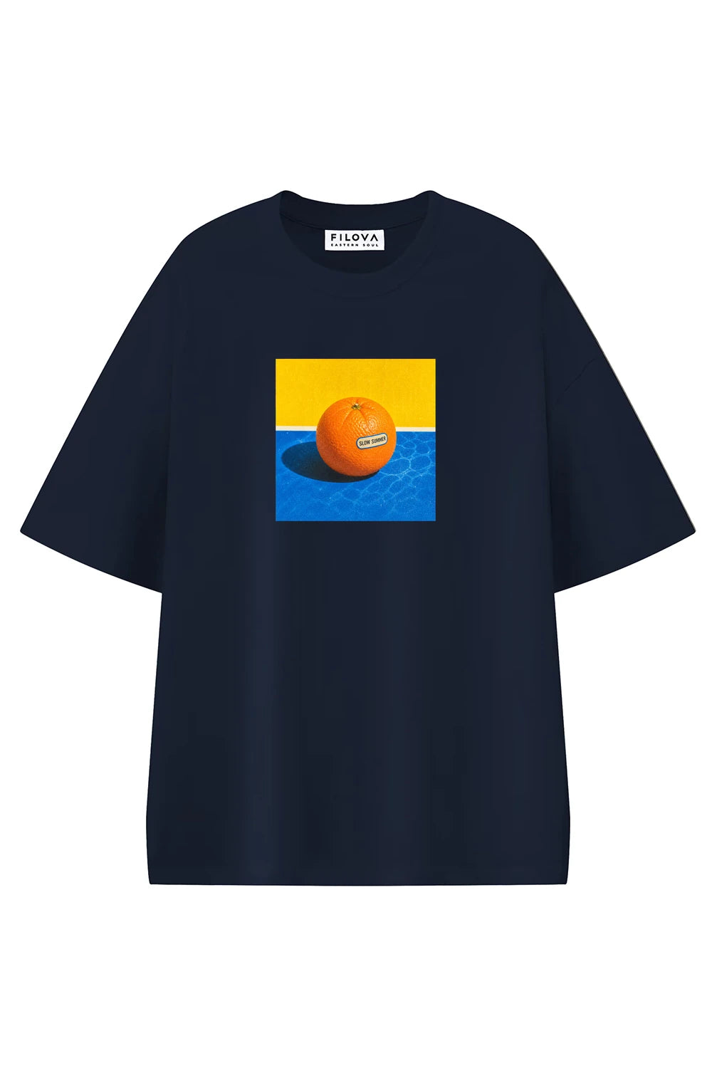 Poolside Orange Navy Blue graphic T-shirt, front view