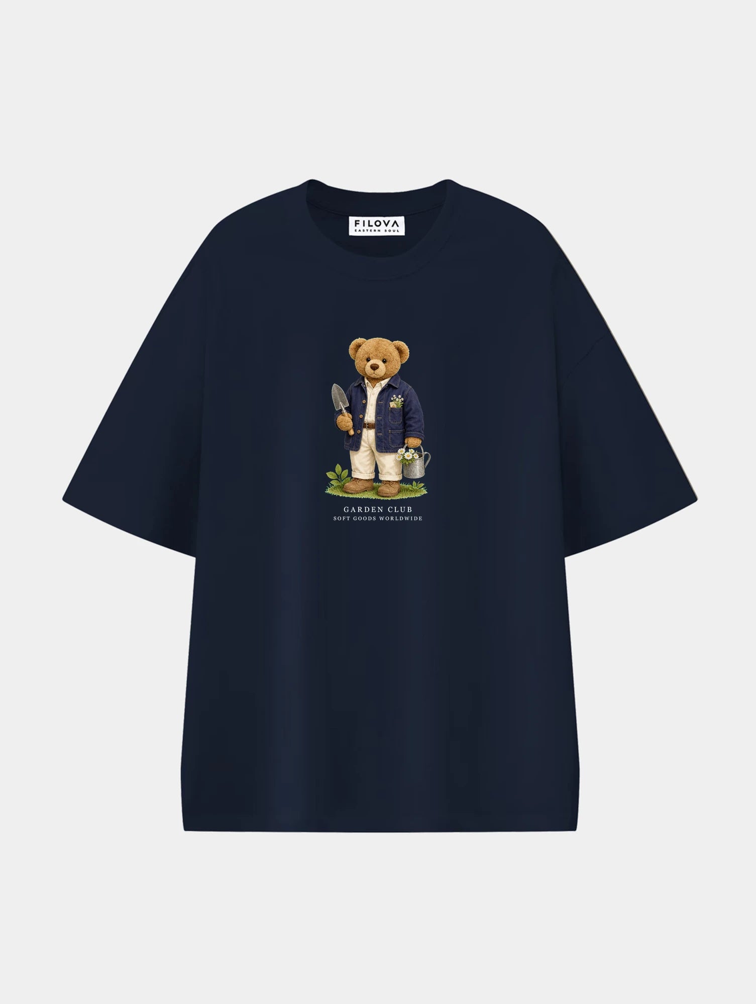 Garden Club Bear Navy Blue graphic T-shirt, front view