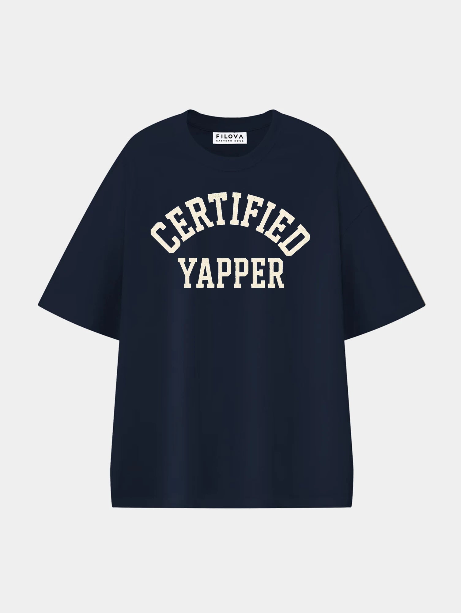 Certified Yapper Navy Blue graphic T-shirt, front view